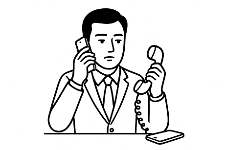 Illustration: Geschäftsmann telefoniert mit Handy und Telefonhörer