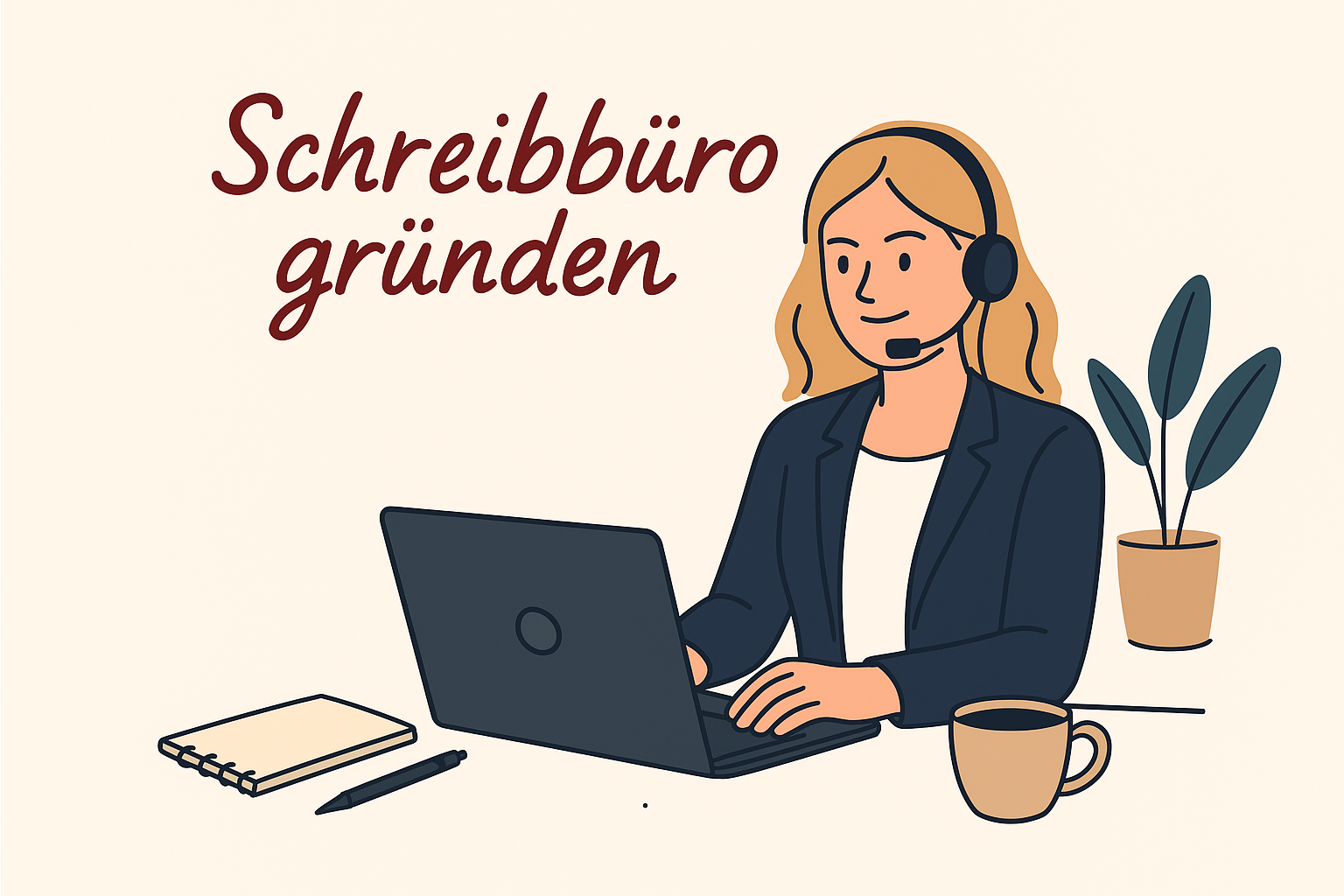 Moderne Illustration einer selbstbewussten Unternehmerin im Schreibbüro am Laptop, erstellt von Stefanie Wößner